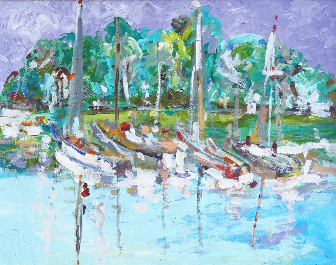 Impressionist style, ‘Boats, Lymington, New Forest’, oil on board, 54 x 68cm